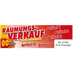 Banner XXL selbstklebend "Räumungsverkauf" mit ihrem Text & Logo 137x45cm